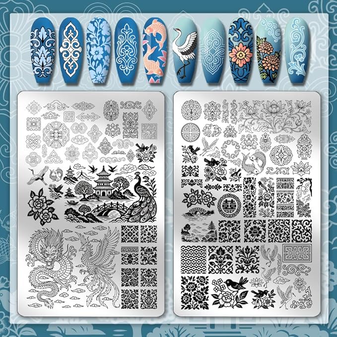 PH PandaHall 2pcs Chinese Style Nail Stamp Plate Dragon Porcelain Texture Print Art Template Stainless Steel Nail Image Plate Nails Stencils for Women DIY Printing 5.7x3.7 inch