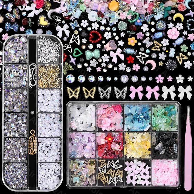 Assorted Junk Case Charms Kit, 3D Nail Charms and Flatback Pearls Gems Set, Gold Silver Nail Butterfly, Flower Bows 3D Nail Charms and Gems, Charms for Nails Design for Nail Art DIY with Pickup Tools