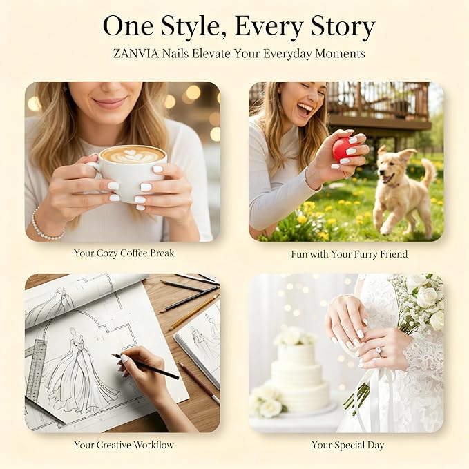 White Press On Nails Short Square - No Glue Natural Elegant Acrylic Fake Nail Design for Everyday or Wedding, Easy to Apply & Remove, 24 Nails in 12 Sizes with File