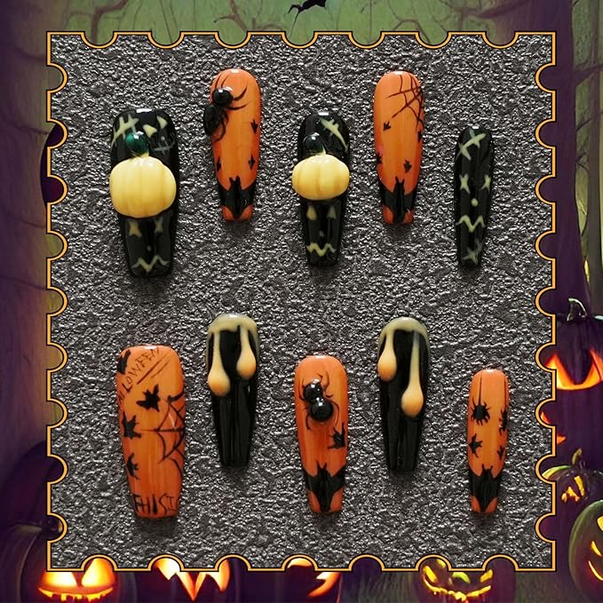 Halloween Press on Nails Ballerina Shape Long Coffin - Black Base with Ant Web Bat Dripping Effect 3D Nail Art for Women & Girls (Pumpkin Bat Silhouette,S)