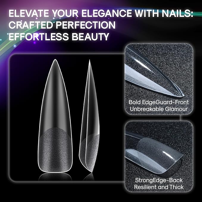 No C Curve XXL Stiletto Nail Tips, Half Matte Clear Half Cover, Stiletto Flat Tips for Acrylic Nails Art Design, Salons, Home DIY Nail Extension(12 Sizes 240PCS)