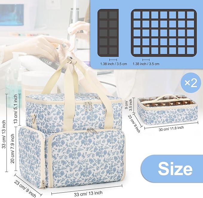Relavel Nail Polish Organizer, Nail Bag Holds 80 to 100+ Bottles (15ml/0.5fl.oz) Nail Lamp, Nail Supplies Kit Gels Polish Storage Case with 2 Removable Pouches for Manicure Nail Tech Gifts (Floral)