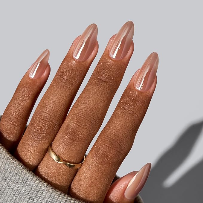BTArtbox Press On Nails Almond - Fall Press on Nails Meidum Chrome Nails, Light Weight & Fit Perfectly, Fake Nail with Nail Glue, Brown Glue On Nails in 15 Sizes, Chocolate Glazed