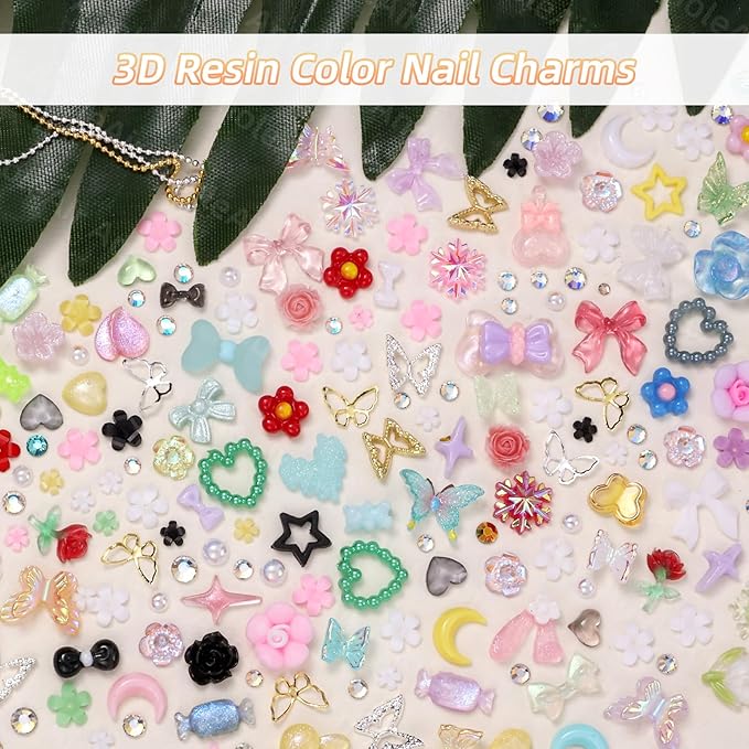 Assorted Junk Case Charms Kit, 3D Nail Charms and Flatback Pearls Gems Set, Gold Silver Nail Butterfly, Flower Bows 3D Nail Charms and Gems, Charms for Nails Design for Nail Art DIY with Pickup Tools