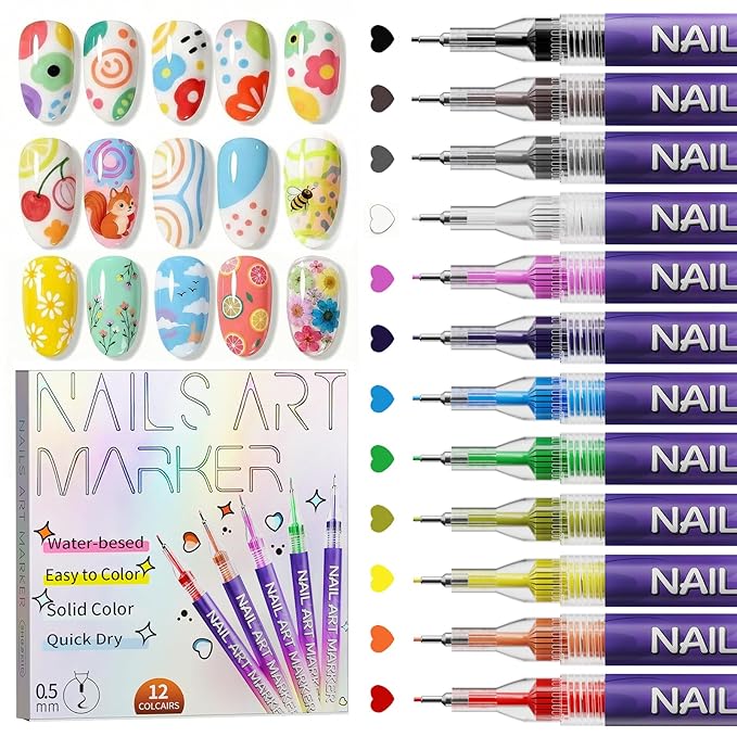 12 Color Nail Art Pens Set, Nail Art Markers & Nail Polish Pens with 0.5mm Fine Tip for Quick-Dry Graffiti, Dotting, Drawing, Painting, Liner - Professional DIY Home Salon Manicure Tools