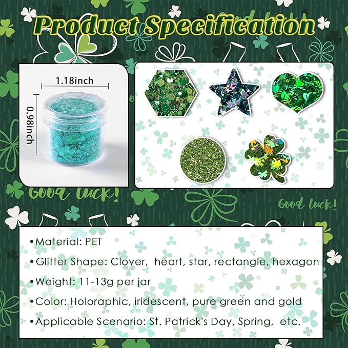 Laza St. Patrick's Day Nail Art Glitters 12 Colors Holographic Green Gold Fine Powder Chunky Clover Hexagon Sequins Confetti Nail Flakes for Nail Supplies Festival Craft Decoration - Verdant