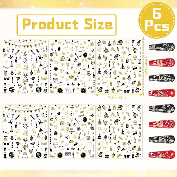 Keluna New Year Nail Stickers - 6 Sheets Happy New Year 2025 Nail Art Sticker, Glitter Gold Christmas Nail Decals, 5D Fireworks Champagne Eve Nail Decal Designs for Women Girls Manicure Decoration