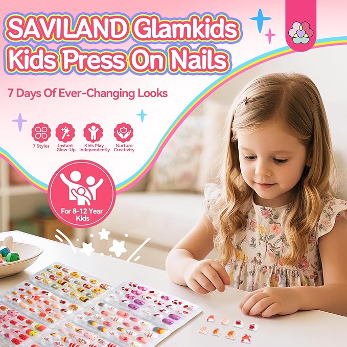 SAVILAND Glamkids Kids Press on Nails: 7 Days Of Ever-Changing Looks Press on Nails for Kids 8-12 Pre-Glue Full Cover Fake Nails for Girls Parties Sleepovers Makeovers LittleNailArtist