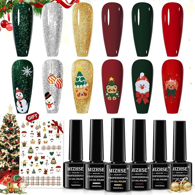 MIZHSE Gel Nail Polish 6 Colors, Classic Red Green Glitter Gold Silver Gel Polish, Long Lasting Soak Off Nail Art Manicure Home New Year Gift for Ladies
