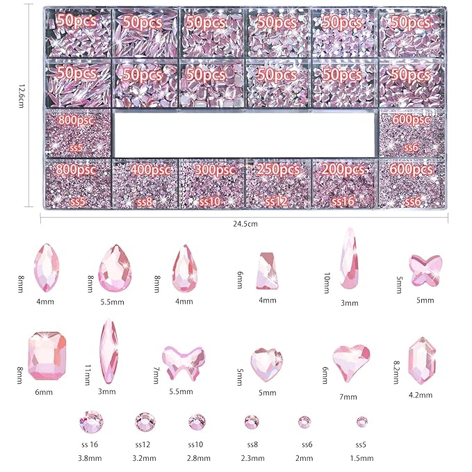HNUIX Nail Rhinestones - 4550pcs Light Pink, Multiple Shape Gems, Flatback Crystal Rhinestones for Nails Decor Designs Kits