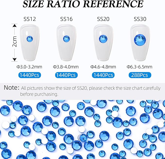 Capri Blue Flatback Rhinestones, Glass Rhinestones for Nail Art and Craft, Glue Fix, Loose Crystal Gemstones(Capri Blue, SS20, 1440pcs, 4.6-4.8mm)