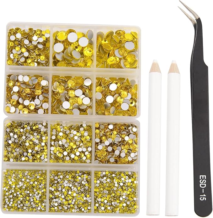 NCB 8000pcs Non Hotfix Rhinestones 10 Sizes Flatback Crystal Glass Rhinestones with Tweezers and Picking Pen for Nail Art Clothes Bags Phone Decorations Crafts DIY (021 Citrine Mix SS3-SS30)