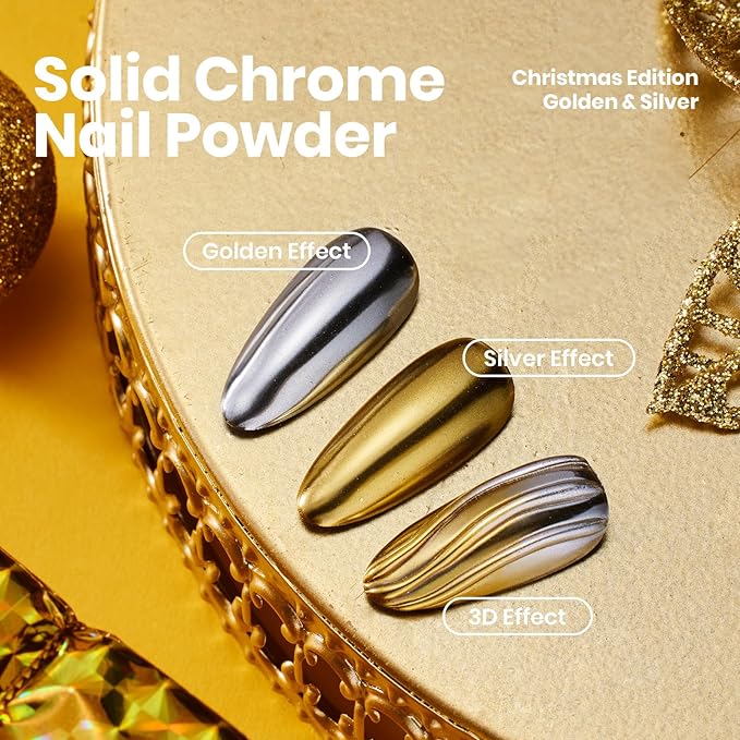 Beetles Chrome Nail Powder 2 Colors Mirror Effect Gold Silver Metallic Crome Powder for Nail Solid Pigment Nails Art Decoration Glitter Manicure Design Gift for Women