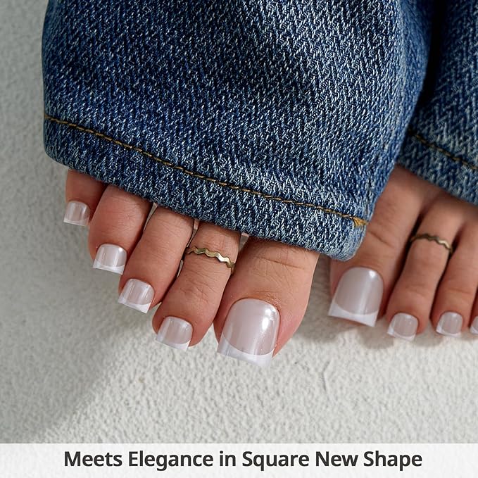 BTArtbox Press On Toenails - Lamp-Curable Sharp Square French Tip Toe Nail Press Ons with Glue for Women, Semi-Transparent Fake Toe Nail Tips in 15 Sizes - 30 Toenails Kit, Alabaster