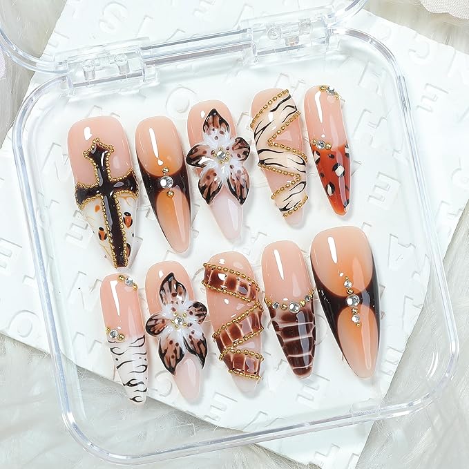 Brown Tortoise & Leopard Press On Nails 10pcs, Handmade Luxury Long Almond Acrylic Nails with 3D Flowers, Gold Chain Accents & Rhinestones, Trendy Brown Gradient Fake Nail Set – Appife