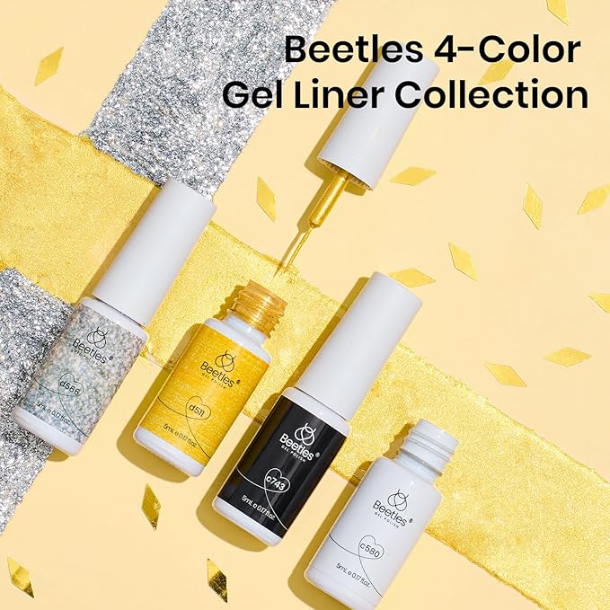 beetles Nail Art Liner Gel Polish Set, 4 Pcs Neutral Classic Glitter Reflective Colors Swirl Manicure Design Shiny Gold Silver Black White Decoration Holiday Party Gifts for Women Girls