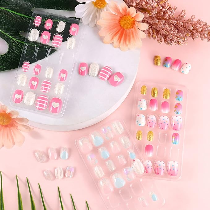 Laza 72pcs Children Nails Press On Pre-glue Full Cover Gold Silver Glitter Pink Blue Shell Star Heart Short False Nail Kits for Kids Teenager Girls - Glitter Stars