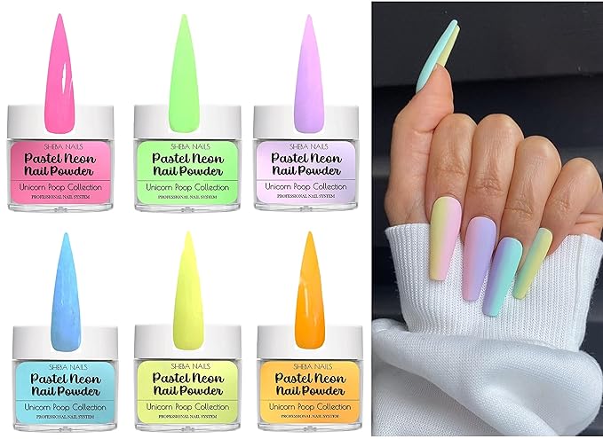 SHEBA NAILS Pastel Neon Unicorn Poop Collection Color Dipcrylic Variety Kit - 6 colors - 1/4oz each Dipping Nail Powder 6 Colors Professional Acrylic Powder for Nails Extension DIY Nail Manicure