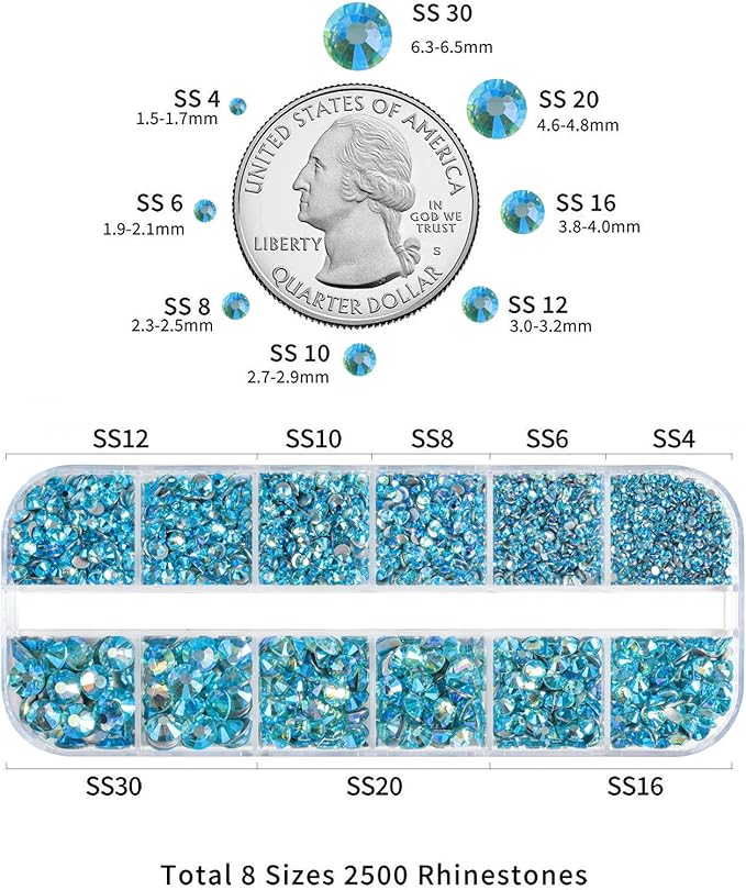 Beadsland Rhinestones for Makeup,8 Sizes 2500pcs Blue AB Flatback Rhinestones Face Gems for Nails Crafts with Tweezers and Wax Pencil,Aquamarine AB,SS4-SS30