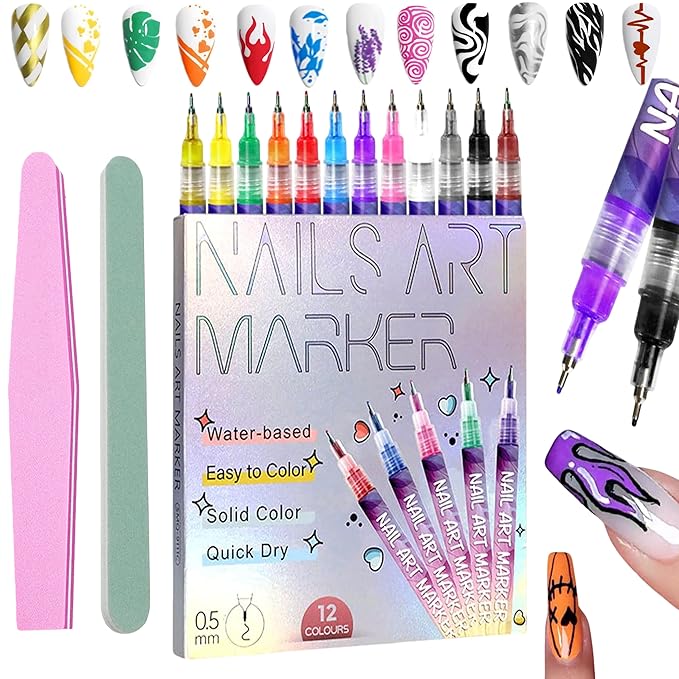 12 Colors Nail Art Pens Set, 2026 New Gel Nail Art Markers for DIY Drawing, Painting, Dotting & Lining, with 1PC Reusable Nail File & 1PC Buffer for Natural Nails, Home & Salon Manicure Kit