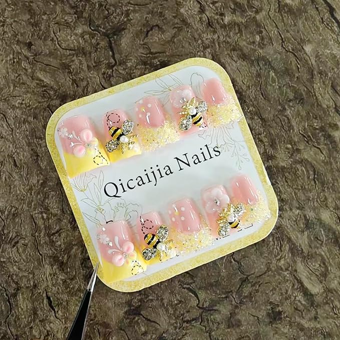 Handmade Press on Nails Duck - Medium Fake Nails Orange Color French Tip False Nails Press ons with 3D Flower and Charms Design Luxury Full Cover Acrylic Stick on Nail for Women 10Pcs(Size M)