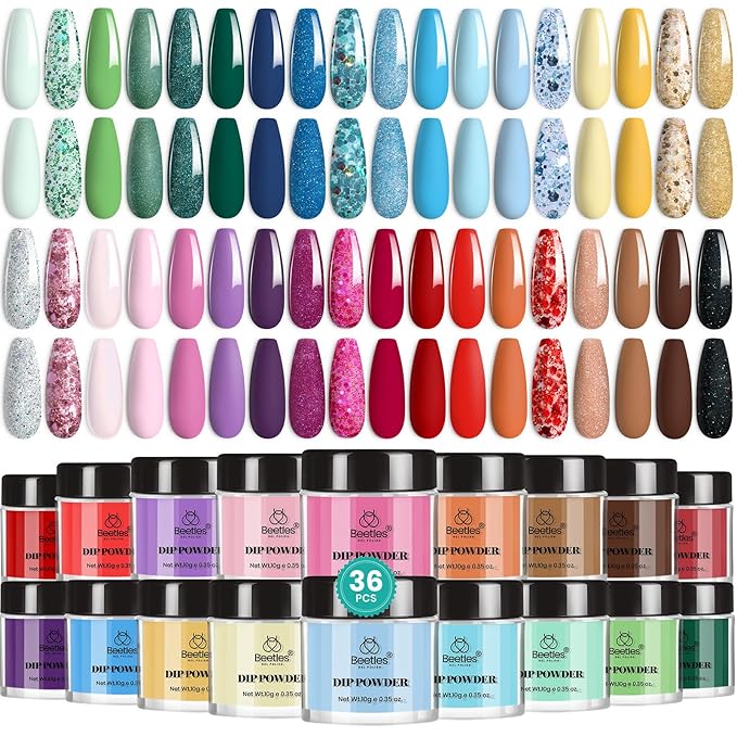 Beetles Dip Powder Nail Kit, 36 Colors Nude Pink Pastel Red Green Blue Glitter Dipping Powder Starter Kit Quick Drying Nail Set for French Nails Art Manicure DIY Salon Gift for Women Mood Palette