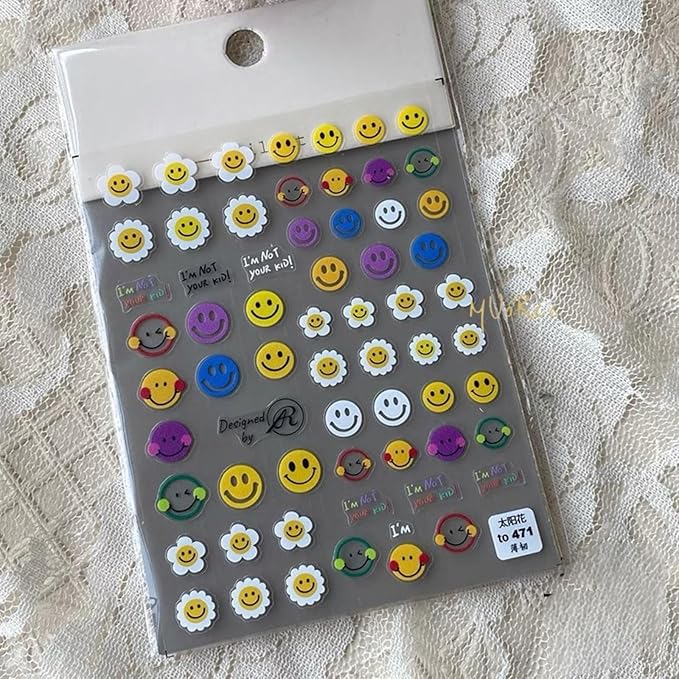 Dedyel Smile Nail Art Stickers Cute Nail Stickers Cartoon Nail Stickers 5D Embossed Smile Face Nail Stickers Kawaii Self-Adhesive Nail Stickers for Women Girls Kids Nail Art Decoration