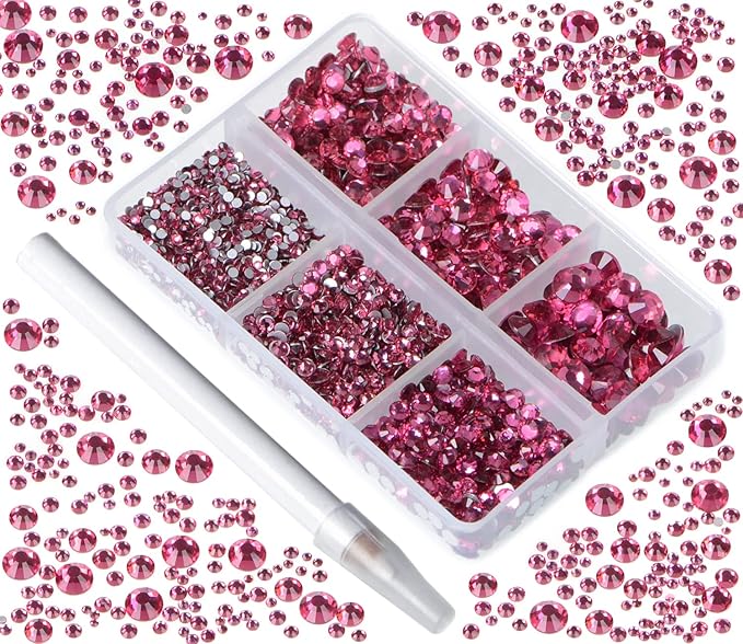 Bymitel 5000 Pieces 6 Mixed Sizes Glue Fix on Glass Rhinestones Round Crystal Gems Flatback for DIY Jewelry Making with one Picking Pen(6-Sizes 5000PCS, Rose)