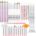 36pcs Acrylic Nail Art Design Tools Set with Extension Gel Brush, Dotting Tools, Liner Brush for DIY Salon, Pink