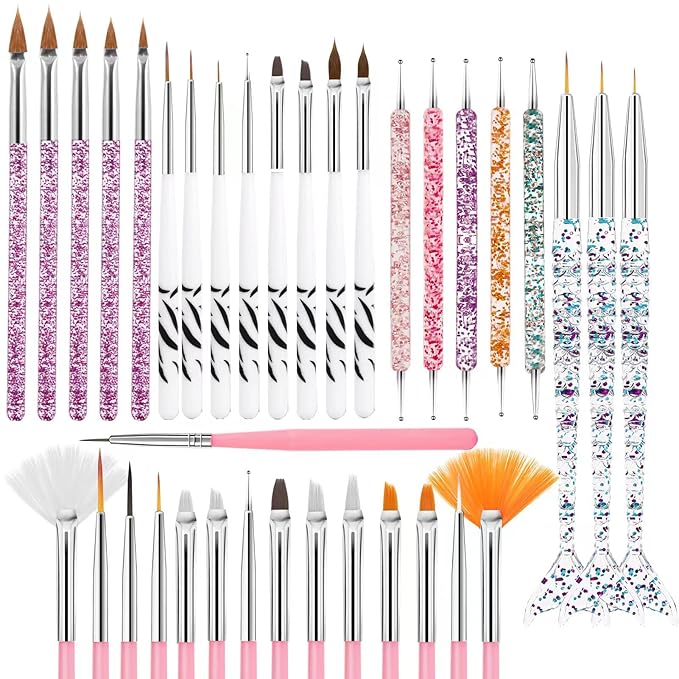 36pcs Acrylic Nail Art Design Tools Set with Extension Gel Brush, Dotting Tools, Liner Brush for DIY Salon, Pink