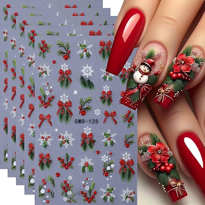 6Pcs Christmas Nail Art Stickers 3D Embossed Christmas Holly Bow Nail Decals Self Adhesive Winter Nail Supplies Xmas Design Snowflake Nail Stickers for Women New Year DIY Manicure Art Accessories