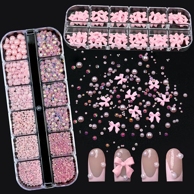 Nail Art Rhinestones Pink Bows Nail Charms Resin Clear Jelly Rhinestones Pearls Glitter Supplies Crystal Gems Mimi Diamond Accessories for Women Manicure Decorations Design