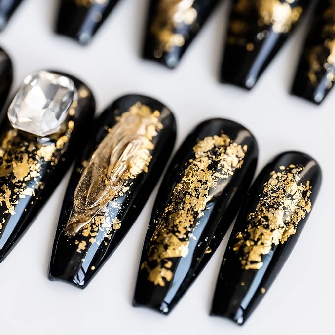 Sun&Beam Nails Handmade Long Coffin Ballerina Black Gold False Nail Tips with Cute 3D Dragon Popular Charm Design Press On 10 Pcs (#52 S), FN-HM-052-S.AU