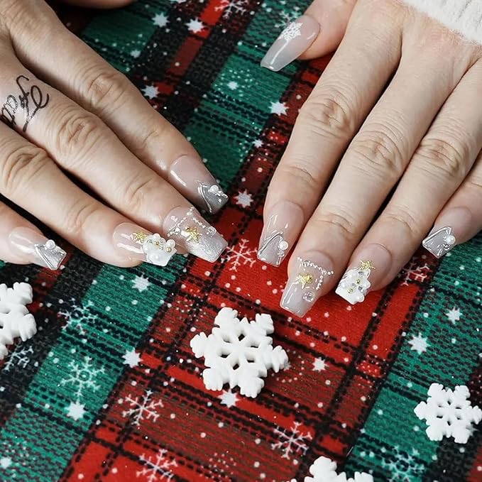Cat Eye Press on Nails Handmade Short Square - Snowflake & Luxe Tree Light Design with 3D Pearl Gold Star, Winter False Nails for Women Girls (Holiday Cateye,S)