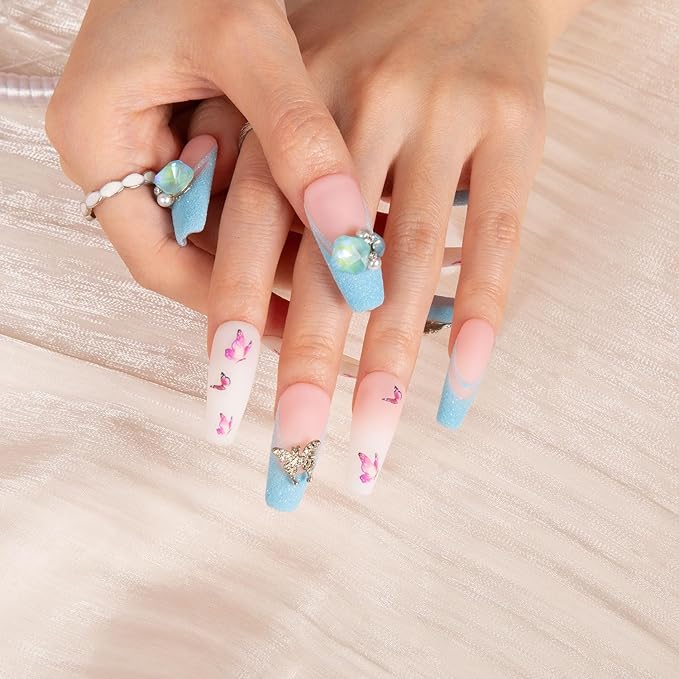 LOVFUL Press on Nails Sky Dance French Tip | Handmade with Full Covered Crystals | Reusable Full Cover Nails | Coffin Classic Regular 1.3 in | H282-S