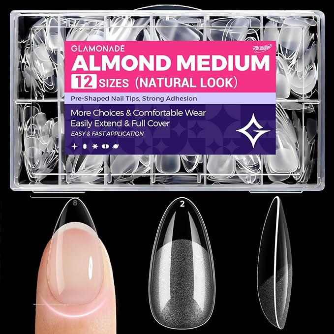 Medium Almond Nail Tips: Natural Like Real Nails, 12 Sizes Soft Gel Press Ons Fit 90% Nails, 50% Less Prep, Clear Pre-Shaped Fake Nails for Salon & Home DIY (312pcs)