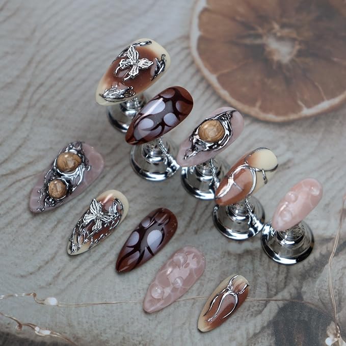 Brown Ombre Press on Nails Butterfly Fake Nails Medium Almond False Nail with Metal Design Silver Glue on Nails Handmade Nail Press ons Y2K Stick on Nail for Women Girls Cool Manicure (L)