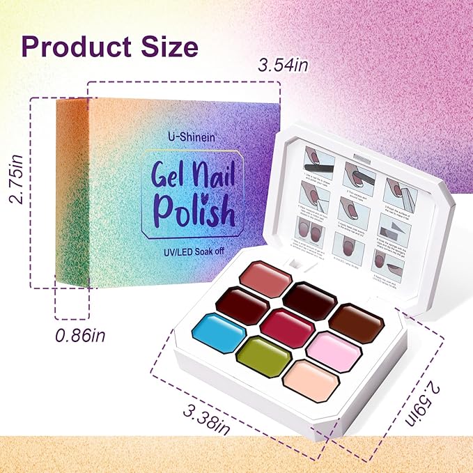 Gradient Gel Nail Set, 9 Colors Almond Ombre Gel Nail Polish with 6 Aurora Multi-Purpose Brushes for Pigment Pat Nails French Manicure Nail DIY Painting Soak Off UV Canyon Bloom