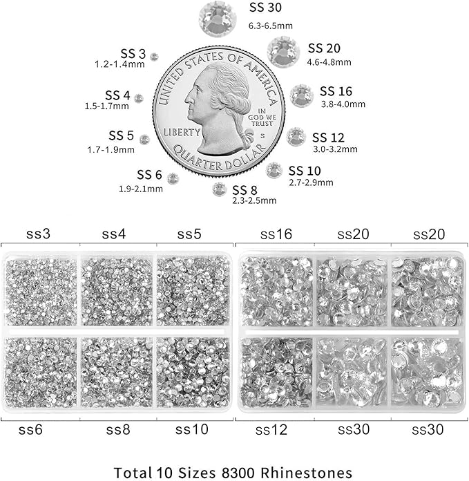 Beadsland 8300PCS Flatback Rhinestones, Clear Rhinestone Nail Gems Round Crystal Rhinestones for Crafts, Mixed 10 Sizes with Wax Pencil and Tweezer Kit, SS3-SS30, Crystal
