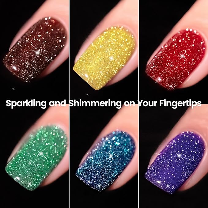 YTD Likomey Reflective Glitter Gel Nail Polish Set,Flash 6 Colors with Base and Top Coat Kit,Fall Winter Brown Gold Red Green Purple Diamond Sparkle Manicure UV Color Nail Varnish,8 Pcs 7.5 ml