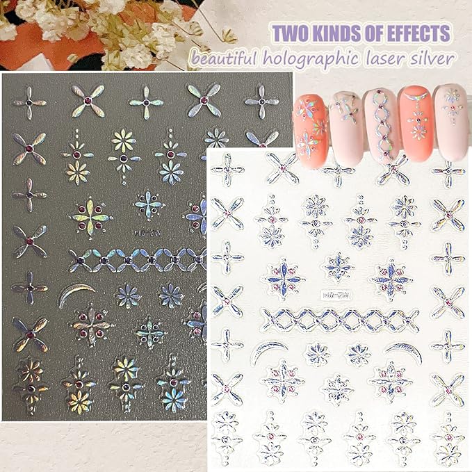 Zoance 20 Sheet 3D Nail Art Stickers, 3D Laser Silver/Rhinestones Design Luxury Self-Adhesive Nail Decals Customized Geometric&Stripe Line Nail Stickers for Women Gils Nail DIY Decoration Accessories