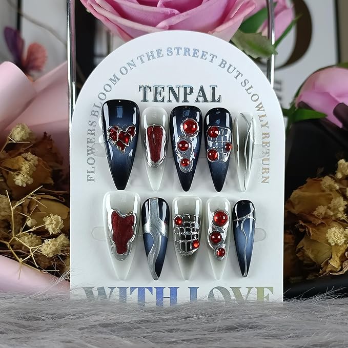 Halloween Vampire Nails,Gothic Press On Nails Long Stiletto With Tools,Black Dark Ombre Fake Nails with Red Gems,10Pcs Hand-Painted Glossy Acrylic Glue on Nails for Women Parties Events(XS)