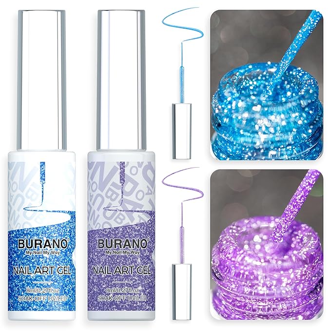 BURANO Gel Nail Polish Liner Nail Art Polish, Silver Gold Painted Gel Nail Design Polish 2 Bottle 8ml, Build in Thin Nail Brush Curing Required LX14 LX16