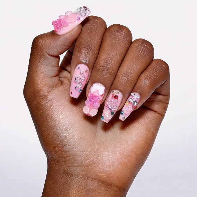 24Pcs Handmade Press on Nails, 3D Pink Long Length Square Fake Nails, Cute Manicure Kit with Full Covered Crystals for Women and Girls to Wear Daily