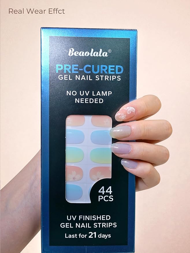 Pre Cured Gel Nail Strips - 44PCS Salon Quality Gel Nail Stickers - Long Lasting Polish Wraps for Women no UV Light Needed Easy Apply & Remove (Sorbet Blue
