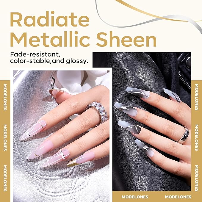 modelones Metallic Gold Silver Gel Liner Nail Polish 2 Pcs Chrome Mirror 3D Effect Nail Art Polish Bronze Thin Brush For Swirl Soak Off French Tip DIY Salon Nail Glue Manicure Gift For Women Girls