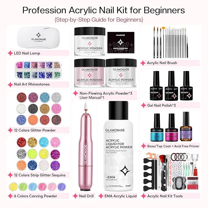 Acrylic Nail Kit for Beginners: Professional Acrylic Nail Kit Set with Everything Drill Powder Nail Art Starter Tech Kit at Home Salon Gift
