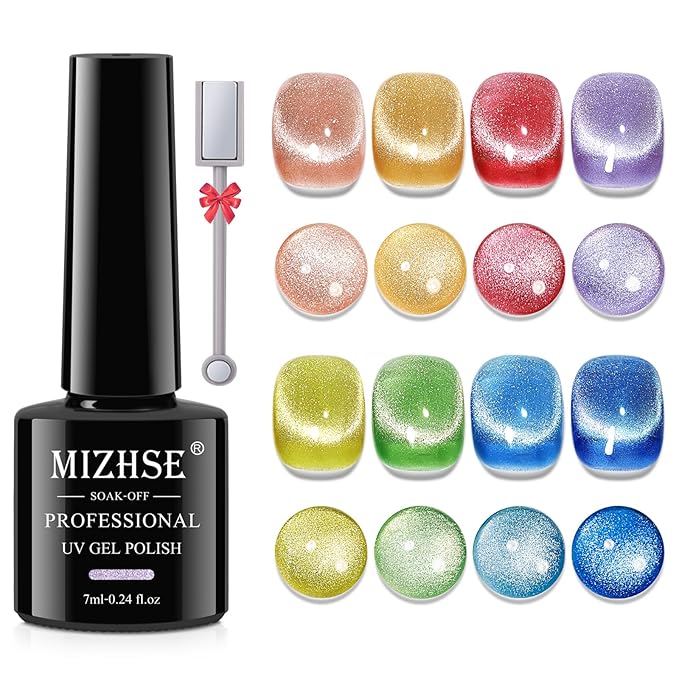 MIZHSE Cat Eye Gel Nail Polish: 8 Colors Summer Magnetic Gel Polish Kit with Magnet Stick, Shimmery Glitter Neon Colors Green Yellow Blue Soak Off Nail Art Salon Home Manicure Women Gift