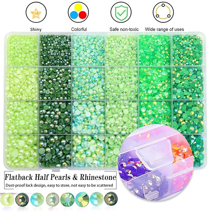 RODAKY 24000PCS Pearls Rhinestones Kit for Craft Green Resin Crystal Rhinestones Bedazzling Non Hotfix Gems Beads for Manicure DIY St Patricks Day Crafts Tumblers Clothes Makeup