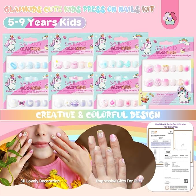 SAVILAND 3D Press on Nails for Kids: 7 Pack Kids Press on Nails for 5-9 Years Pre Glue Full Cover Short Kid Fake Nails Stick On Children Artificial False Nail Tips Fingernails Christmas Gifts for Kid